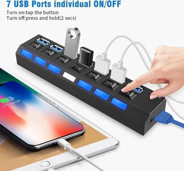 Alt view image 3 of 7 - Black 7-Port USB 3.0 Splitter Hub with Separate On/Off Switches & LED Power Indicators, High-Speed USB-A Data Expander Compatible with Laptops, Desktops, Mobile Hard Drives, Flash Drives & USB Accesso