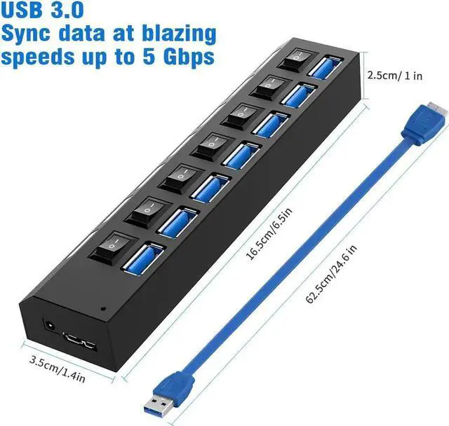 Alt view image 7 of 7 - Black 7-Port USB 3.0 Splitter Hub with Separate On/Off Switches & LED Power Indicators, High-Speed USB-A Data Expander Compatible with Laptops, Desktops, Mobile Hard Drives, Flash Drives & USB Accesso