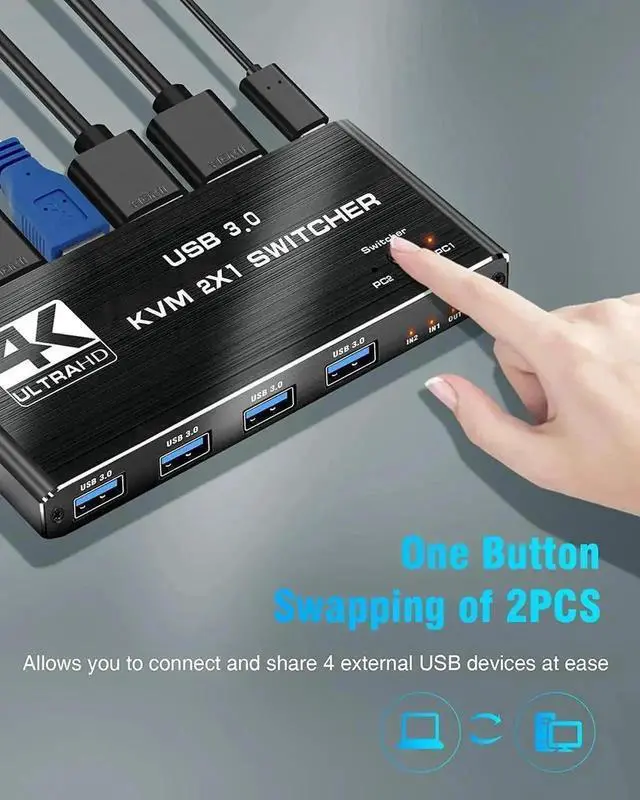 Alt view image 7 of 7 - WRIARICH 2 Port USB 3.0 KVM Switch 2 In 1 Out, Support EDID & HDCP, 2 Computers Share Keyboard Mouse Printer