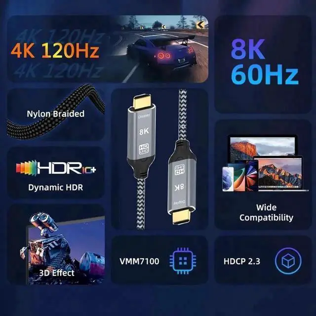 Alt view image 2 of 7 - WRIARICH 10FT USB-C to HDMI 2.1 Cable, Ultra High Speed Supports 8K@60Hz & 4K@240Hz, Thunderbolt 3/4 HDR HDCP 2.3 for MacBook iPad Pro Galaxy S23