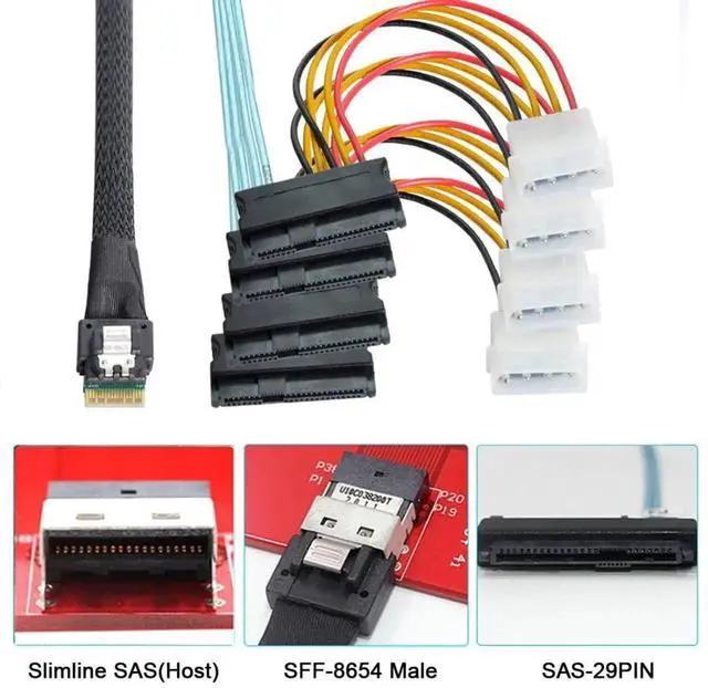 Alt view image 5 of 7 - WRIARICH SFF-8654 4i 38Pin PCIe 4.0 Slimline SAS Fanout Cable, SFF-8654 Host to 4×SFF-8482 29Pin SAS Hard Drive Conversion RAID Cable for Server Storage