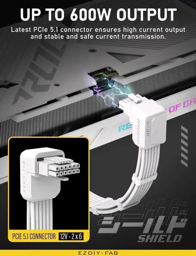 Alt view image 4 of 7 - WRIARICH White Shield PCIe 5.1 GPU Extension Cable with 90° 12V2x6 Adapter, 16Pin 12VHPWR Cord with Cable Combs, Standard Type, Fits RTX 40/50 Series GPUs