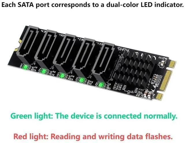 Alt view image 6 of 7 - WRIARICH 5 Ports M.2 B+M Key to SATA 3.0 Expansion Adapter with JMB575 Chip, NGFF 1-to-5 SATA Converter Card with LED Activity Indicators