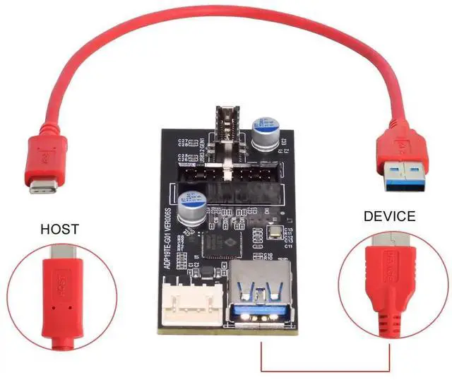 Alt view image 7 of 7 - WRIARICH USB-C & 19/20Pin Header to USB 3.0 20Pin & Type-E Dual Ports Female Splitter HUB, 5Gbps PCBA Adapter