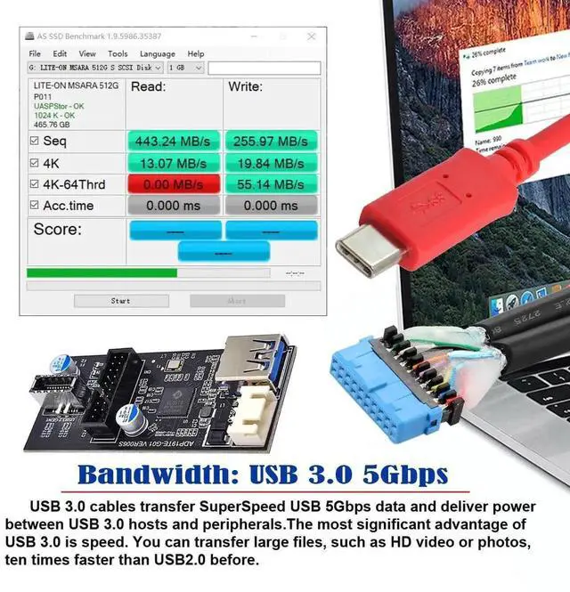 Alt view image 5 of 7 - WRIARICH USB-C & 19/20Pin Header to USB 3.0 20Pin & Type-E Dual Ports Female Splitter HUB, 5Gbps PCBA Adapter