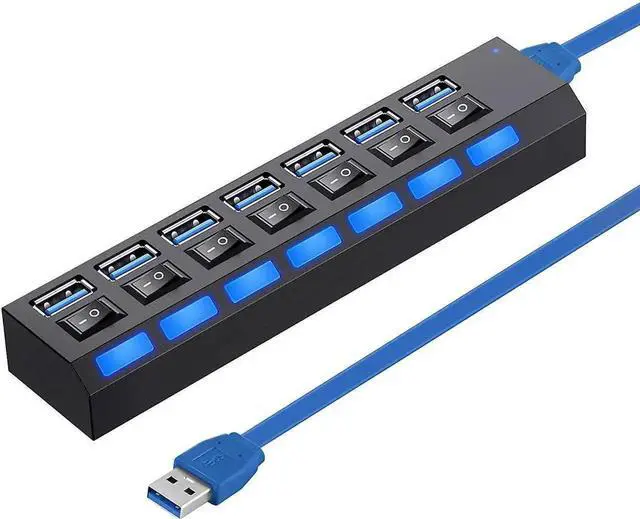 Main image of WRIARICH Black 7-Port USB 3.0 Splitter Hub with Individual On/Off Switches & LED Power Indicators, High Speed USB-A Data Expander for Laptop, Desktop PC, Mobile HDD, Flash Drive and USB Peripherals