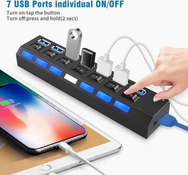 Alt view image 2 of 7 - WRIARICH Black 7-Port USB 3.0 Splitter Hub with Individual On/Off Switches & LED Power Indicators, High Speed USB-A Data Expander for Laptop, Desktop PC, Mobile HDD, Flash Drive and USB Peripherals