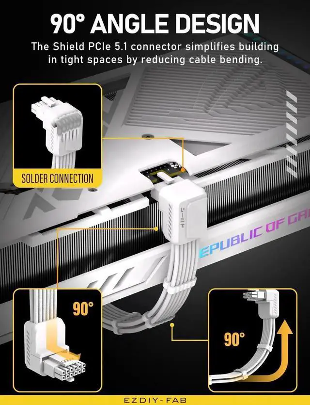 Alt view image 5 of 7 - WRIARICH White Reverse Type Shield PCIe 5.1 GPU Extension Cable with 90° 12V-2x6 Adapter, 16Pin 12VHPWR Extension Cord with Cable Combs for RTX 40/50 Series GPUs