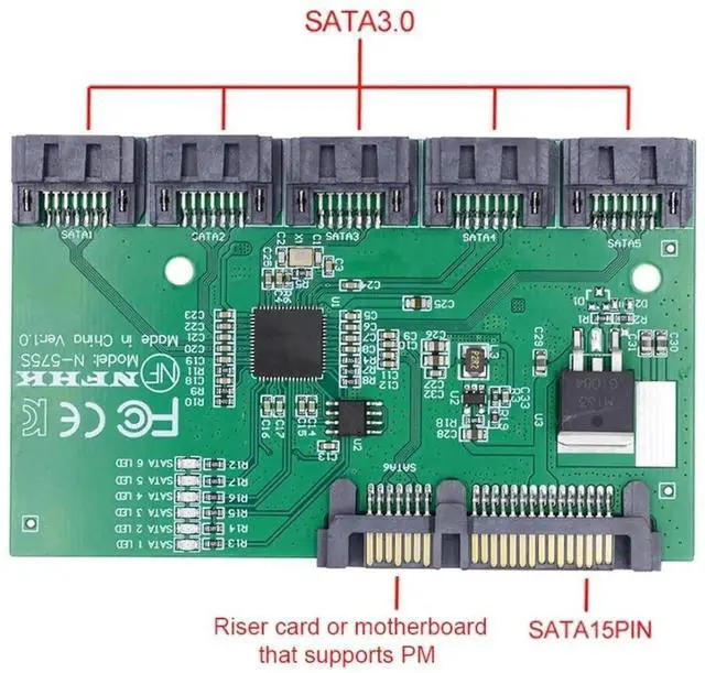 Alt view image 2 of 6 - WRIARICH 1 to 5 Port SATA 3.0 Port Multiplier Splitter Hub with JMB575 Chip, SATA PM Multiplier Adapter