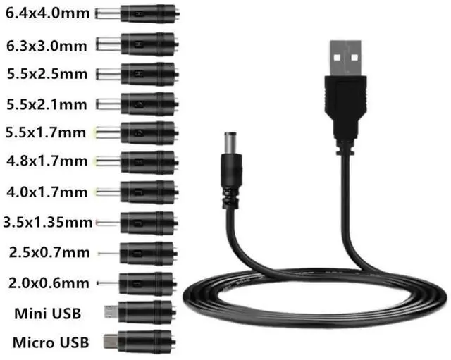 Main image of WRIARICH Universal USB to 5V DC Power Cable with 5.5×2.1mm Jack, Equipped with 12 Interchangeable DC Plugs, Includes Micro USB & Mini USB Adapters