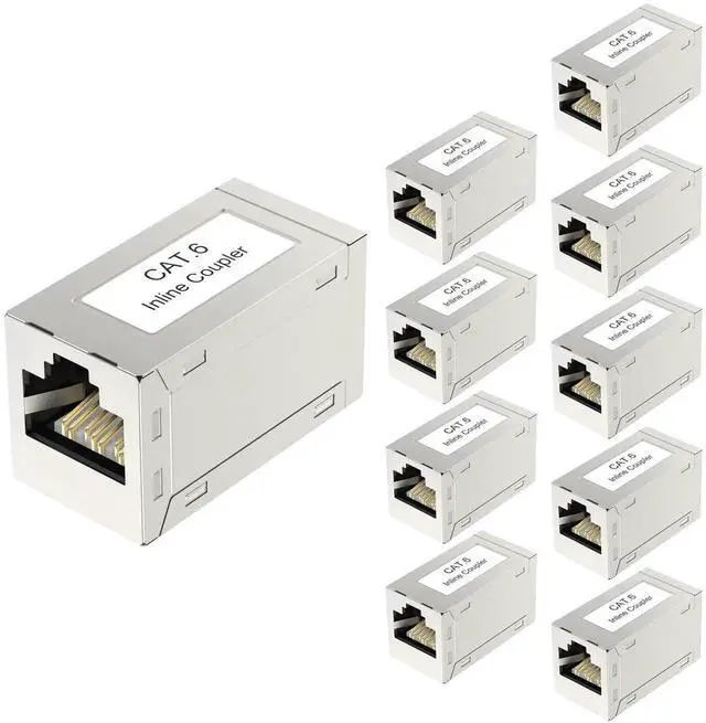Main image of WRIARICH 10 Pack Silver Shielded RJ45 Cat6 Coupler, Female to Female Inline PoE Ethernet Extender Connector Compatible with Cat5/Cat5e/Cat6 Network Cables