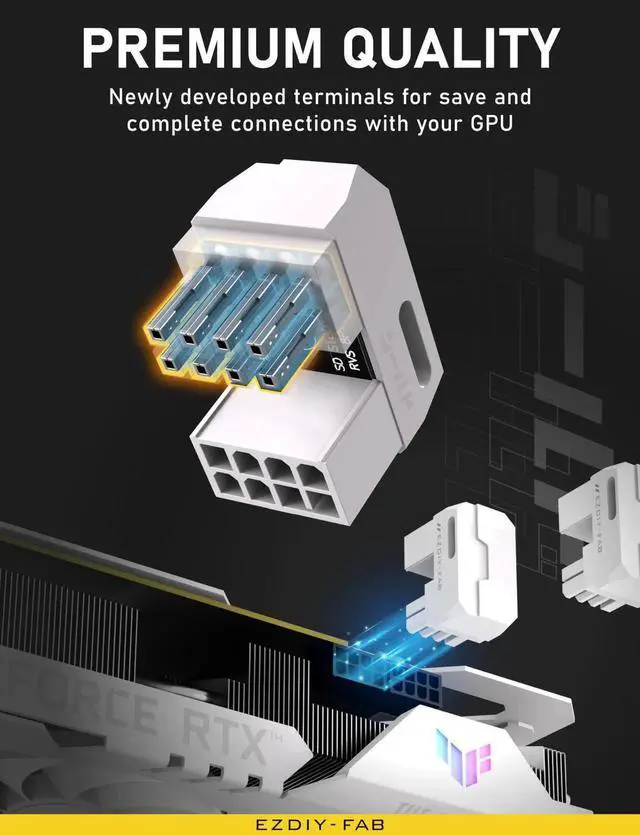 Alt view image 3 of 6 - WRIARICH 2 Pack White Shield Series 180° U-Turn 8Pin PCIe GPU Power Angled Adapter, Aluminum Alloy Structure Graphics Card Power Steering Connector