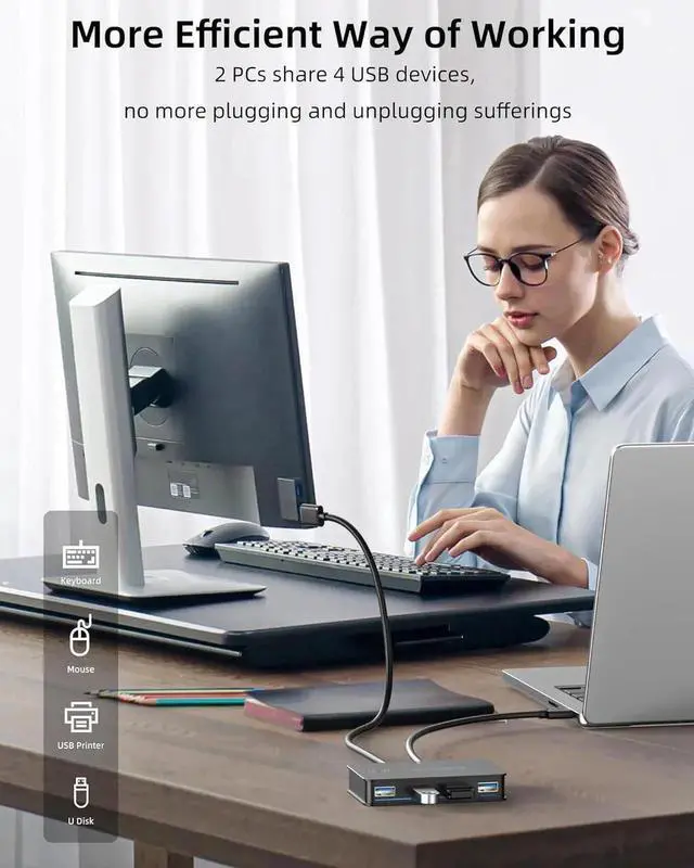 Alt view image 7 of 7 - WRIARICH 2 In 4 Out USB 3.0 KM Switch, 2 PCs Share 4 USB Ports for Printer Keyboard Mouse Scanner, with 2 USB 3.0 Cables, Supports Button / Hotkey / Wired Remote Switching