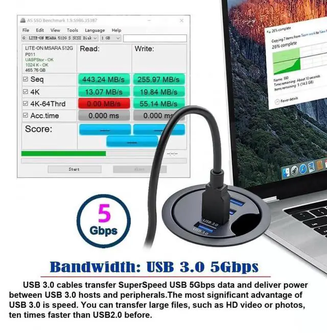 Alt view image 3 of 7 - WRIARICH 60mm Desk Grommet Flush Mount 4-Port USB 3.0 Dock Splitter, 5Gbps High Speed Interface Expansion Station for Office Desktop PC