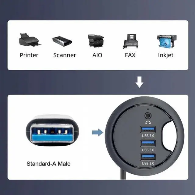 Alt view image 7 of 7 - WRIARICH 60mm Desk Grommet Flush Mount USB 3.0 Dock Splitter, 3-Port USB Hub with Built-in Sound Card & Headset Mic AUX Audio Interface for Desktop Office PC