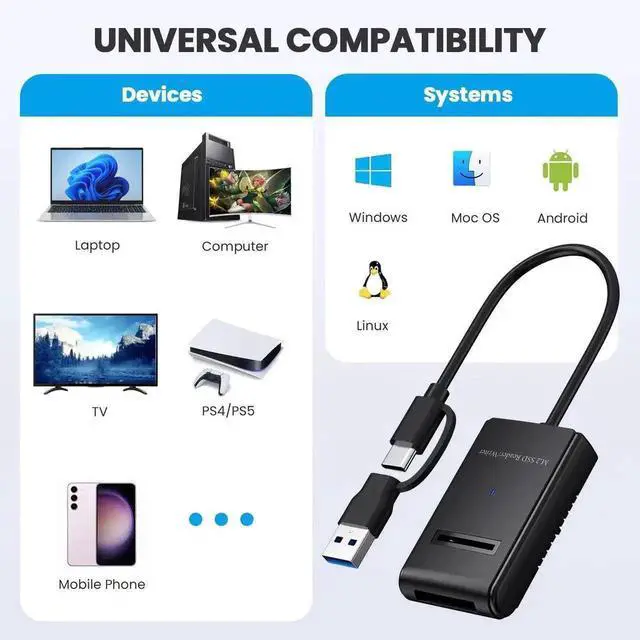Alt view image 4 of 7 - WRIARICH USB 3.0 Type-C/A to M.2 NVMe SATA SSD Enclosure, RTL9210B Chip M-Key NGFF External Docking Case, Horizontal Design