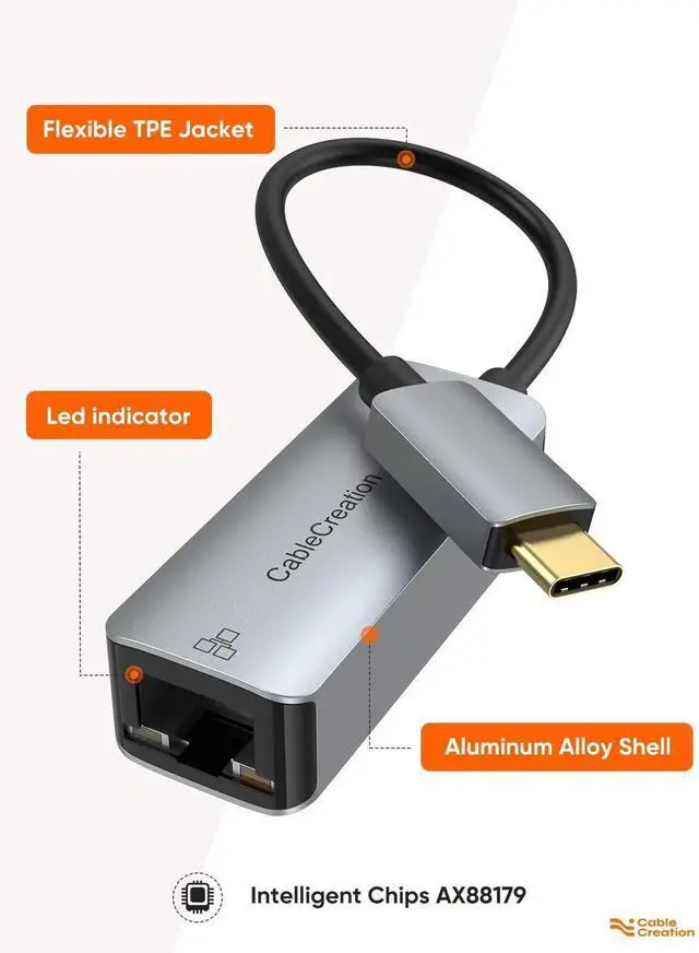 Alt view image 5 of 7 - USB-C Gigabit Ethernet Adapter, Thunderbolt 3 Compatible Type-C to RJ45 10/100/1000Mbps LAN Network Dongle for Steam Deck, MacBook Pro/Air M1/M2, iPad 2022, Galaxy S22 Ultra & All USB-C Devices