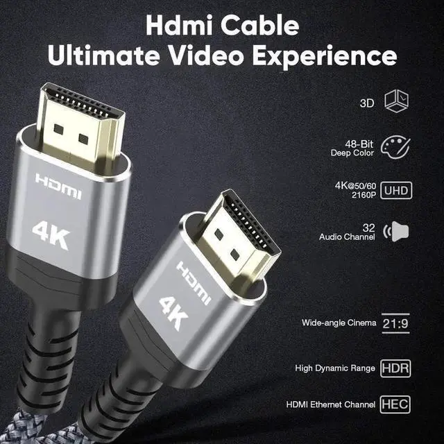 Alt view image 2 of 7 - WRIARICH 15FT Grey Nylon Braided Highwings HDMI 2.0 Cable, 18Gbps High Speed Cord Supports 4K@60Hz HDR 2160P 1080P 3D HDCP 2.2 ARC Ethernet for PS3 PS4 4K Projector Game Monitor