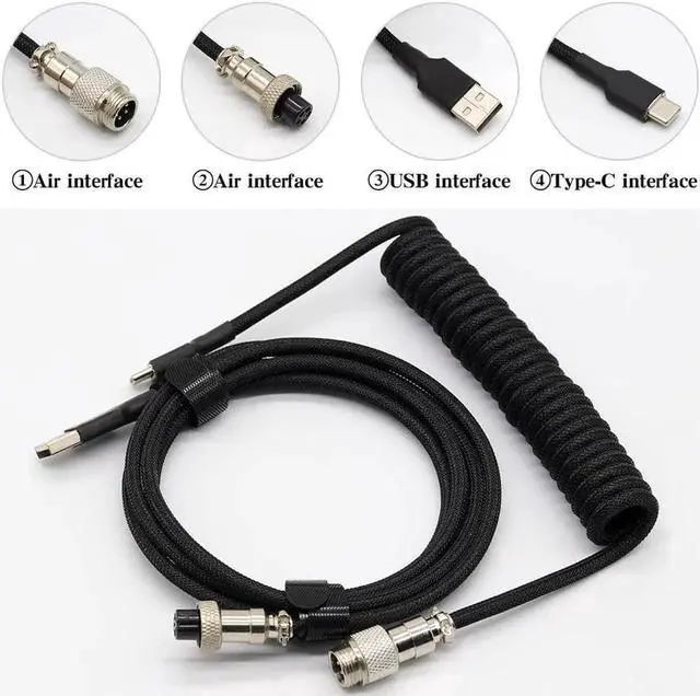 Alt view image 3 of 6 - WRIARICH 3M Coiled USB C Keyboard Cable, Hand Braided PET Mesh Gaming Cable with Detachable Metal Aviator Connector & Metal Plug, Black for Mechanical Keyboard