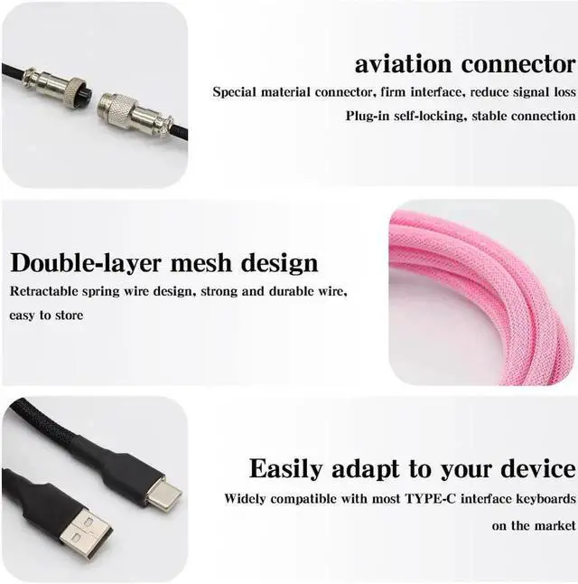 Alt view image 2 of 6 - WRIARICH 3M Coiled USB C Keyboard Cable, Hand Braided PET Mesh Gaming Cable with Detachable Metal Aviator Connector & Metal Plug, Black for Mechanical Keyboard