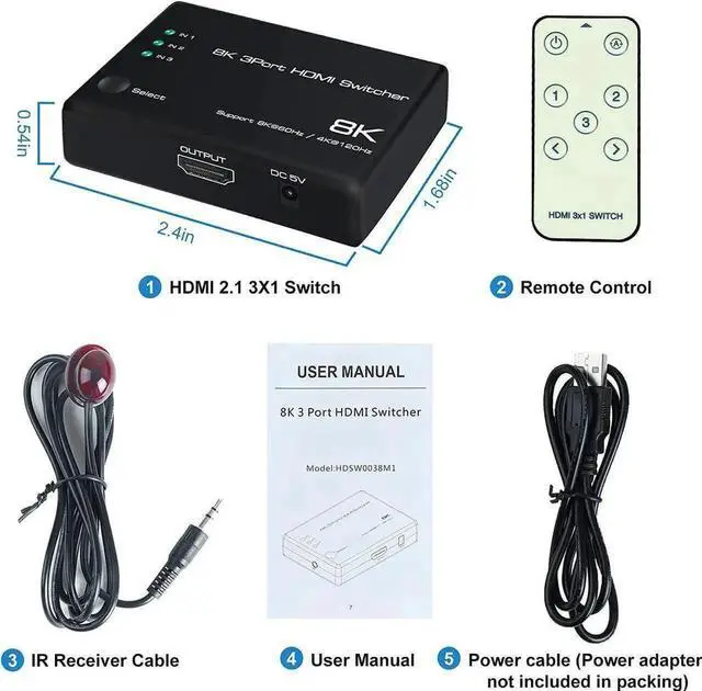Alt view image 2 of 7 - WRIARICH 3 in 1 Out Auto HDMI 2.1 8K Switch with IR Remote, 3-Port 48Gbps HDMI Selector Box Supports 8K@60Hz, 4K@120Hz, 1080P@240Hz, HDR10+ & HDCP 2.3, Compatible with Xbox, PS5, PS4, UHD Smart TVs