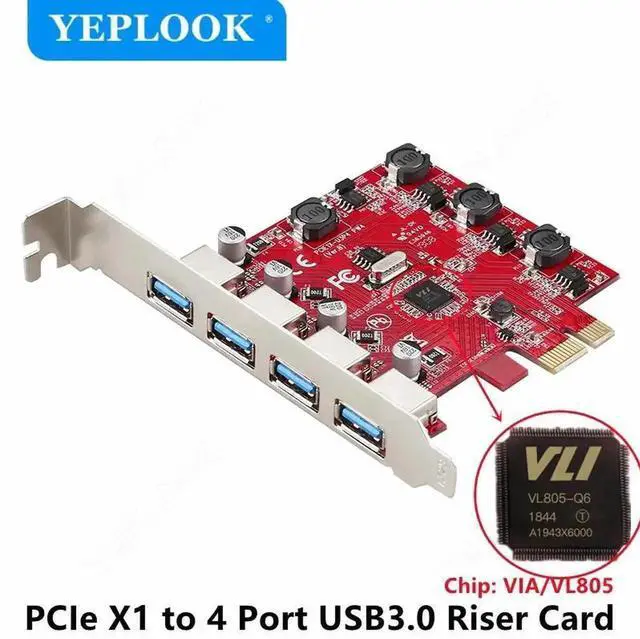 Alt view image 2 of 5 - WRIARICH PCIe x1 USB 3.0 Expansion Card, 4-Port 5Gbps High Speed Hub Adapter with VL805 Chipset, Red PCB for Desktop PC