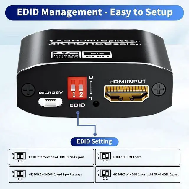 Alt view image 4 of 7 - WRIARICH 1 in 2 Out HDMI 2.0 Splitter 4K@60Hz HDR Mirror Duplicate Screen Splitter with EDID Control HDCP2.2 for Xbox PS5 PS4 PS3 PC DVD Fire Stick Blu-Ray Player TV Monitor