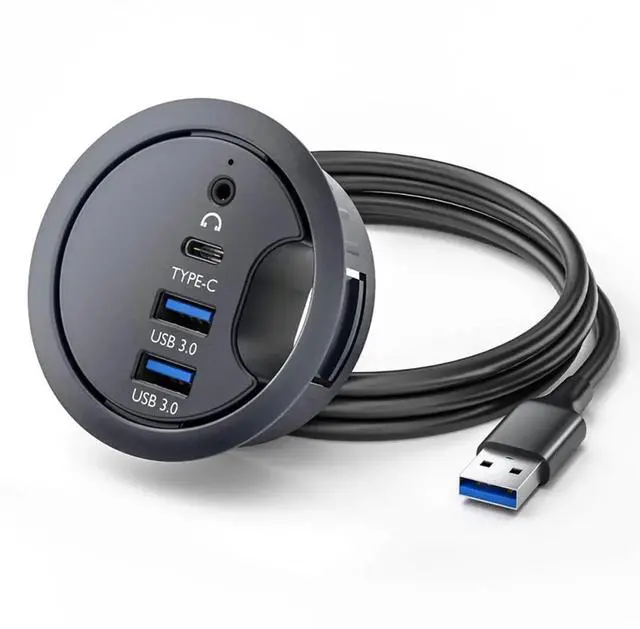 Main image of WRIARICH 60mm Desk Grommet Flush Mount USB 3.0 Dock Splitter, Built-in Sound Card with 2 USB-A, USB-C Port & Headset Mic Audio Jack for Desktop PC Office Desk