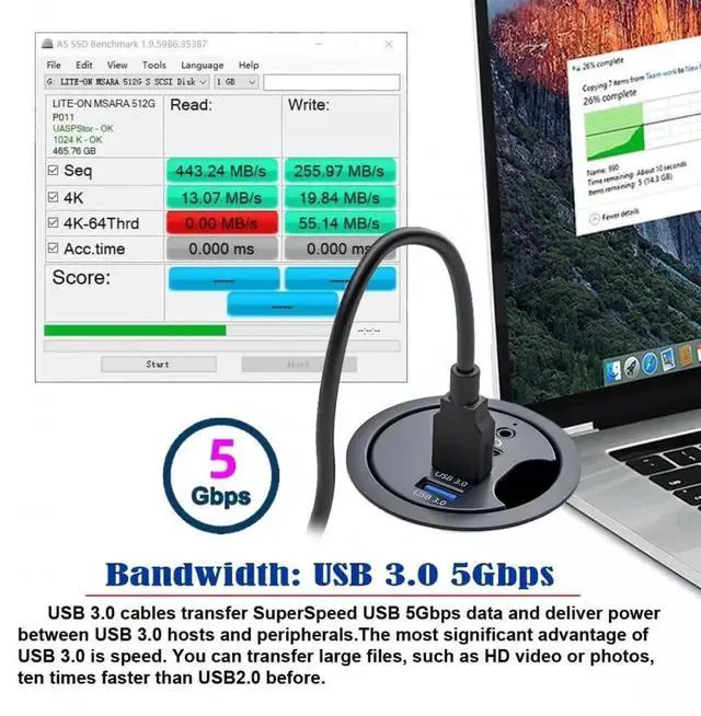 Alt view image 3 of 7 - WRIARICH 60mm Desk Grommet Flush Mount USB 3.0 Dock Splitter, Built-in Sound Card with 2 USB-A, USB-C Port & Headset Mic Audio Jack for Desktop PC Office Desk