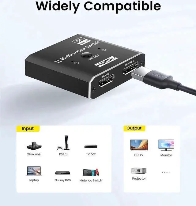 Alt view image 2 of 7 - WRIARICH Upgraded 2 in 1 Out / 1 in 2 Out Bi-Directional HDMI 2.1 Switch, 4K@120Hz HDMI Splitter Switcher Box Supports 8K, 4K, 1080P, 3D for Xbox, PS3/PS4/PS5, TV & Gaming