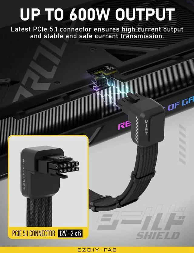 Alt view image 6 of 7 - WRIARICH Shield PCIe 5.1 GPU Extension Cable, 90° 12V-2x6 Angled Adapter, 16Pin(12+4) 12VHPWR Male to Female PSU Extender with Cable Combs, Standard Type, Black, Compatible with RTX 40/50 Series GPUs