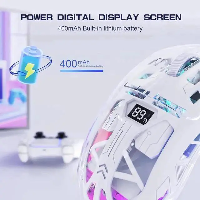 Alt view image 2 of 7 - WRIARICH White Transparent Dual Mode Wireless Gaming Mouse BT5.0 & 2.4G, PixArt 3212 Sensor 5 DPI Adjustable Rechargeable Silent Mouse with Digital Display RGB Backlight for Windows Mac