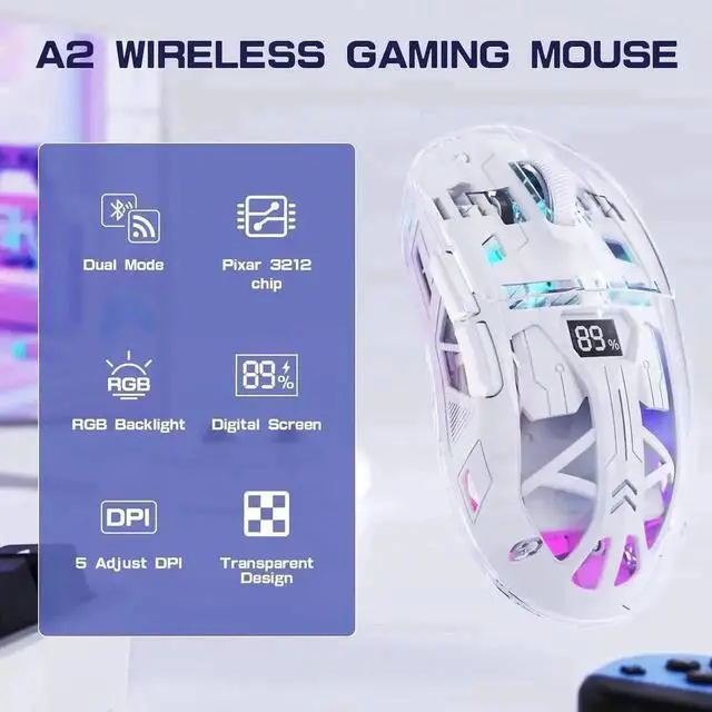Alt view image 5 of 7 - WRIARICH White Transparent Dual Mode Wireless Gaming Mouse BT5.0 & 2.4G, PixArt 3212 Sensor 5 DPI Adjustable Rechargeable Silent Mouse with Digital Display RGB Backlight for Windows Mac