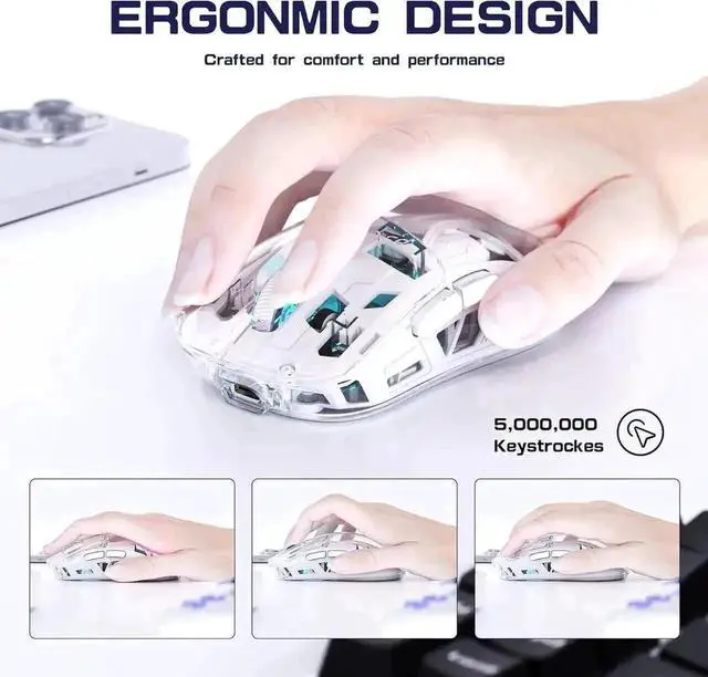 Alt view image 6 of 7 - WRIARICH White Transparent Dual Mode Wireless Gaming Mouse BT5.0 & 2.4G, PixArt 3212 Sensor 5 DPI Adjustable Rechargeable Silent Mouse with Digital Display RGB Backlight for Windows Mac