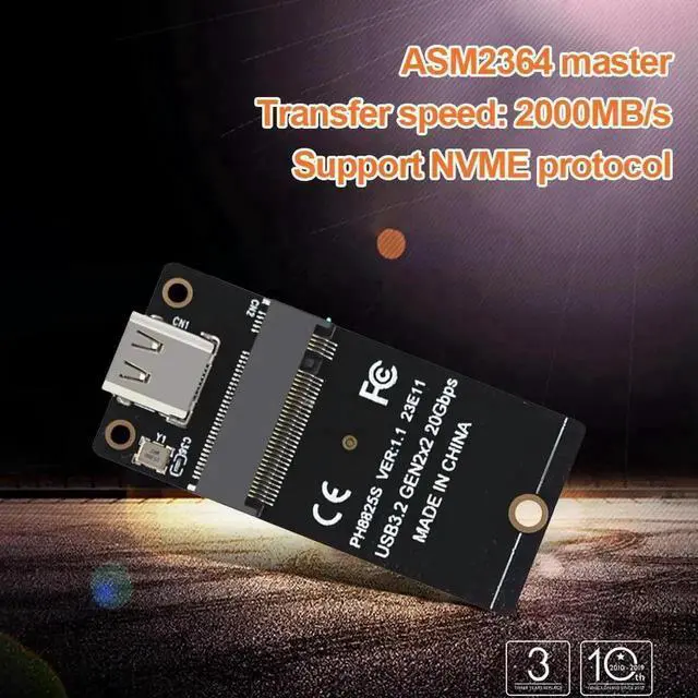 Alt view image 3 of 3 - WRIARICH M.2 NVMe to Type-C Riser Adapter Board, USB3.2 Gen2x2 20Gbps (Up to 2000MB/s) ASM2364 Controller, Compatible with 2230/2242/2260/2280 M.2 SSD
