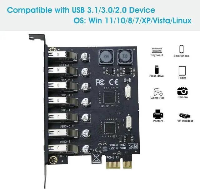 Alt view image 3 of 7 - WRIARICH RIITOP PCIe X1 7-Port USB 3.0 Expansion Card, PCI Express 7 External USB3.0 Hub Adapter, 5Gbps High Speed, No Extra SATA Power Required for Desktop PCs