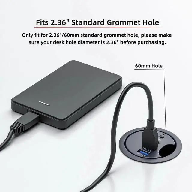 Alt view image 4 of 7 - WRIARICH USB 3.0 Flush Mount Desktop Hub, 60mm Grommet Hole Dock with 2 USB3.0, USB-C & 3.5mm Audio Port for Office Desk Expansion