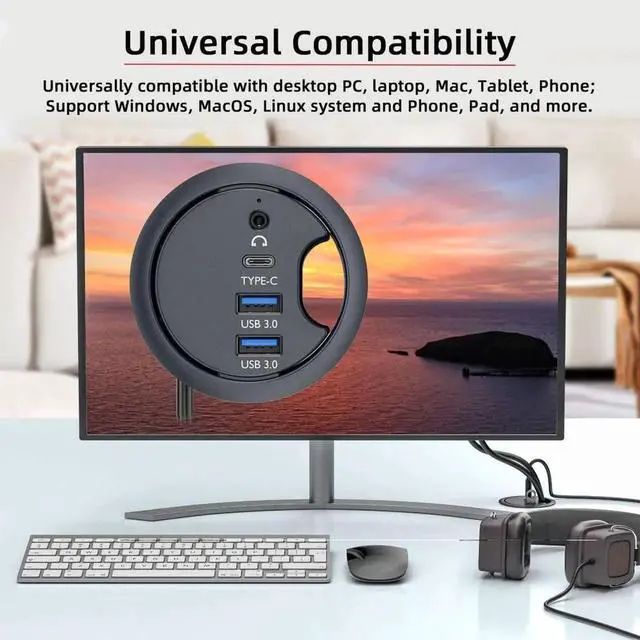 Alt view image 6 of 7 - WRIARICH USB 3.0 Flush Mount Desktop Hub, 60mm Grommet Hole Dock with 2 USB3.0, USB-C & 3.5mm Audio Port for Office Desk Expansion
