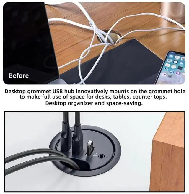 Alt view image 7 of 7 - WRIARICH USB 3.0 Flush Mount Desktop Hub, 60mm Grommet Hole Dock with 2 USB3.0, USB-C & 3.5mm Audio Port for Office Desk Expansion