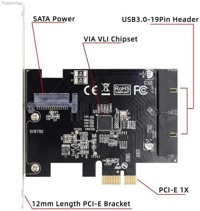 Alt view image 5 of 7 - WRIARICH PCI-E 1X to USB3.0 Front Panel Header Adapter, 5Gbps 19Pin/20Pin Internal Extension Card for Desktop Motherboard