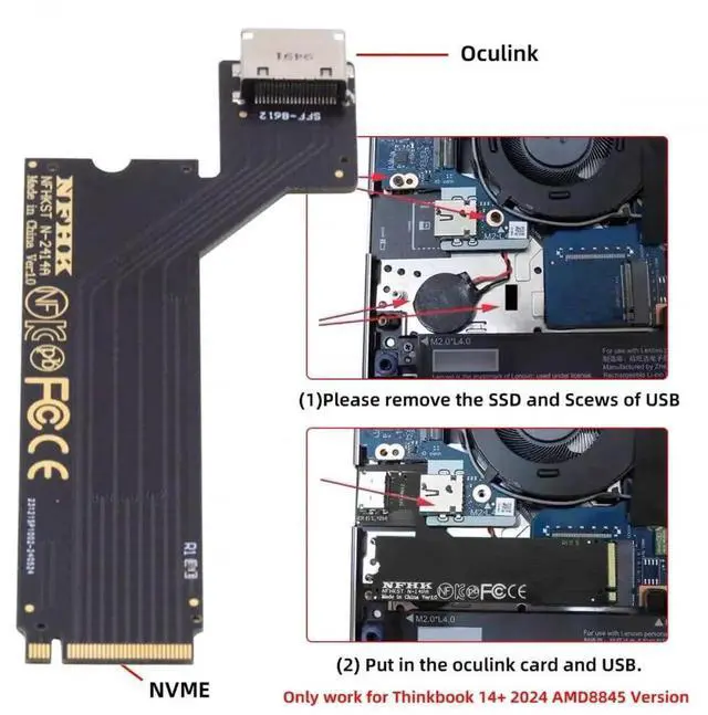 Alt view image 2 of 7 - WRIARICH PCIe 4.0 M.2 M-Key to OCuLink SFF-8612 SFF-8611 Host Adapter, Custom Fit for 2024 Lenovo ThinkBook 14+ AMD Ryzen 7 8845 Laptop, Supports External eGPU & U.2 NVMe SSD Expansion