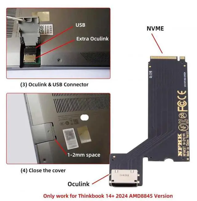 Alt view image 5 of 7 - WRIARICH PCIe 4.0 M.2 M-Key to OCuLink SFF-8612 SFF-8611 Host Adapter, Custom Fit for 2024 Lenovo ThinkBook 14+ AMD Ryzen 7 8845 Laptop, Supports External eGPU & U.2 NVMe SSD Expansion