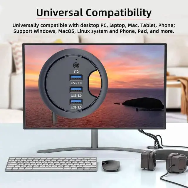 Alt view image 4 of 7 - WRIARICH USB 3.0 Flush Mount Desktop Hub, 60mm 2.36 Inch Grommet Hole Dock with 3 USB3.0 Ports and 3.5mm Audio Jack for Office Desk Port Expansion