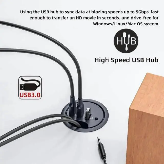 Alt view image 5 of 7 - WRIARICH USB 3.0 Flush Mount Desktop Hub, 60mm 2.36 Inch Grommet Hole Dock with 3 USB3.0 Ports and 3.5mm Audio Jack for Office Desk Port Expansion