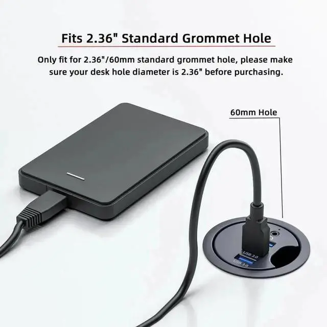 Alt view image 6 of 7 - WRIARICH USB 3.0 Flush Mount Desktop Hub, 60mm 2.36 Inch Grommet Hole Dock with 3 USB3.0 Ports and 3.5mm Audio Jack for Office Desk Port Expansion