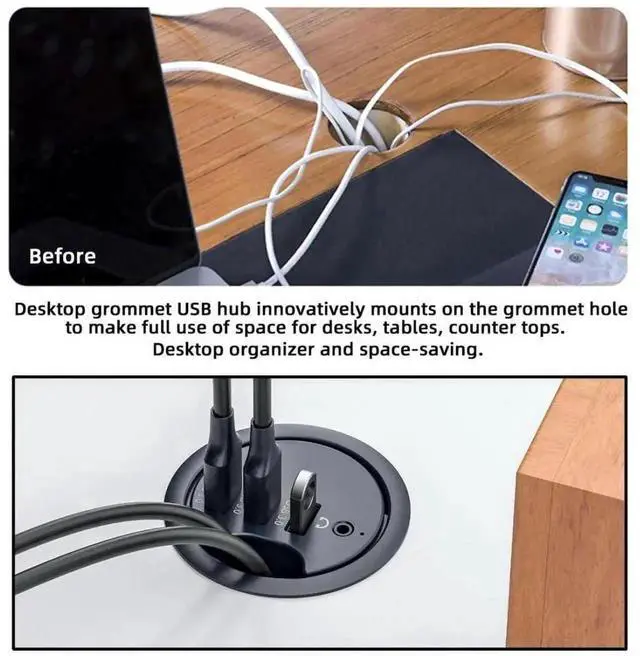 Alt view image 7 of 7 - WRIARICH USB 3.0 Flush Mount Desktop Hub, 60mm 2.36 Inch Grommet Hole Dock with 3 USB3.0 Ports and 3.5mm Audio Jack for Office Desk Port Expansion