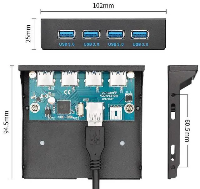 Alt view image 3 of 7 - WRIARICH 4-Port USB 3.0 Front Panel Hub, 3.5" Floppy Bay Mount, 20Pin to Motherboard Adapter with SATA Power Cable