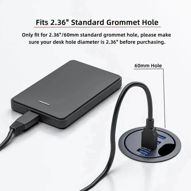 Alt view image 4 of 5 - WRIARICH 60mm Grommet Hole Flush Mount USB 3.0 Desktop Hub, 4-Port Built-In Table Socket Data Splitter