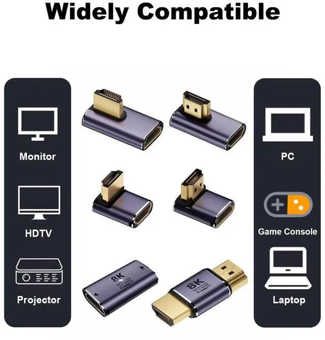 Alt view image 4 of 6 - 6 Pack Aluminum Alloy HDMI 2.1 Adapter Kit, 8K@60Hz 4K@120Hz Multi-Angle HDMI Extender, 90°/270° Up/Down/Left/Right Male to Female, Female to Female & Male to Male HDMI Coupler for PS5 Monitor HDTV PC