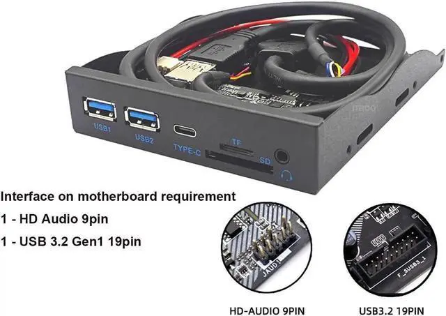 Alt view image 5 of 6 - WRIARICH 3.5 Inch Floppy Bay Front Panel Hub, USB3.2 Gen1 5Gbps Type-C + 2×USB-A, SD/TF Card Reader & 4-Pole 3.5mm HD Audio Jack, Internal PC Case Expansion Adapter